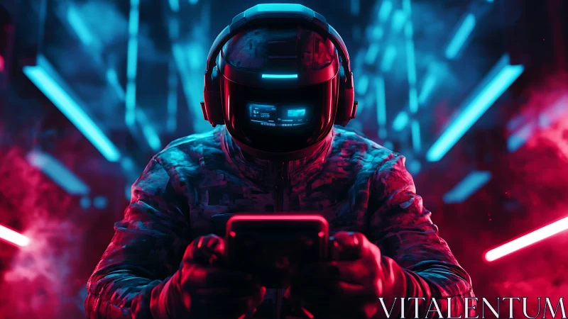 Cyber gamer controls neon world with immersive visor.