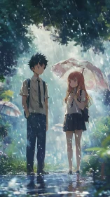 Rainlit schoolyard hush as shy hearts share one umbrella.