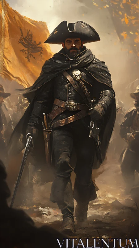 Battle-hardened captain strides through smoke and embers.