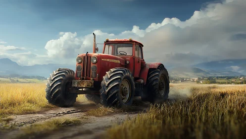 Red tractor moves through rural wheat field under clouds