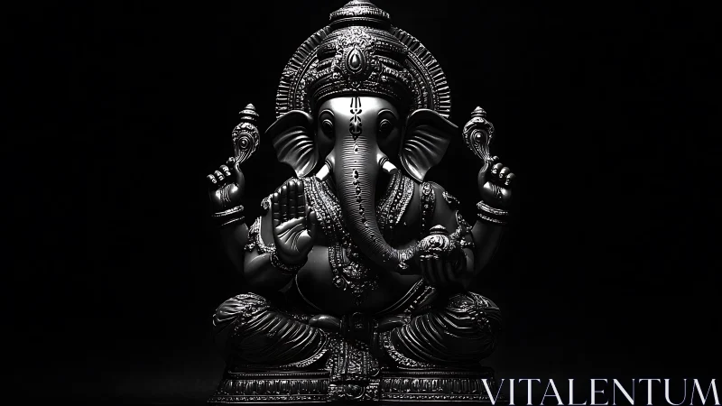 Photorealistic low key Ganesh sculpture with chiaroscuro lighting.