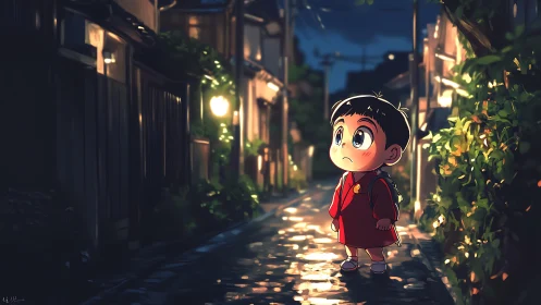 Little child in red coat walking through glowing night alley
