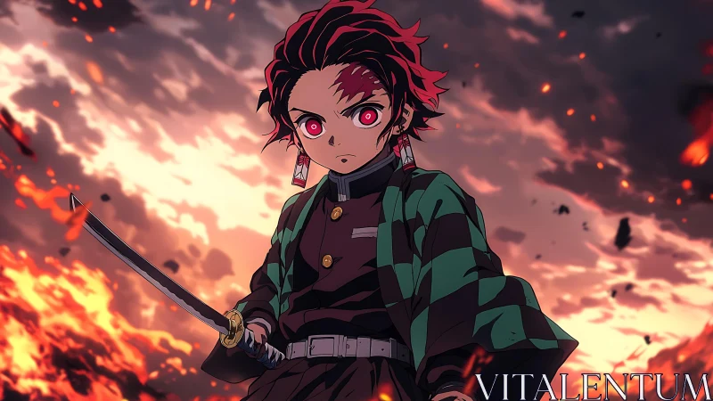 Fiery anime swordsman stands ready against blazing sky.