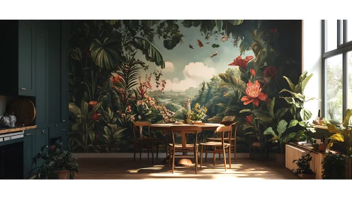 Tropical mural anchors biophilic dining interior with warm daylight