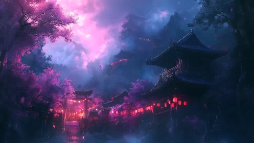 Mystic mountain temple at night under vivid pink clouds.