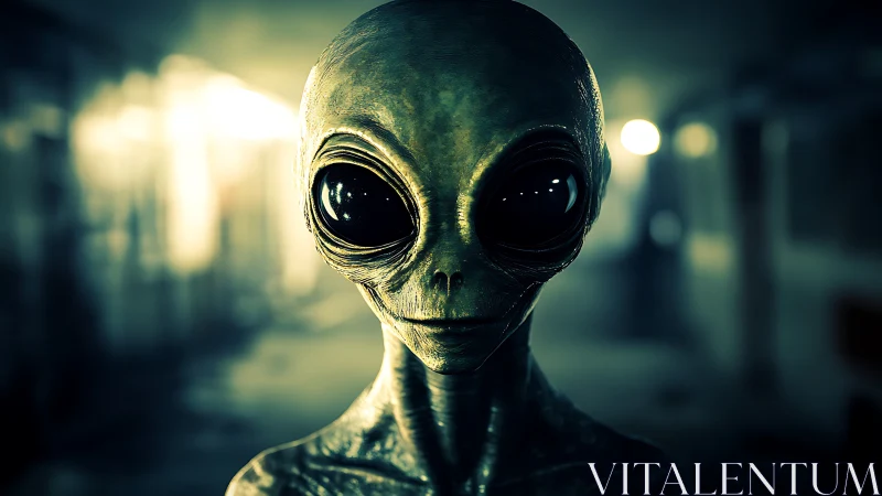 Curious alien visitor gazes softly down a dim corridor