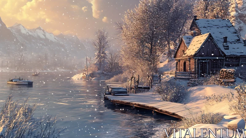 Snowy lakeside cabins glowing under a gentle winter sunset.