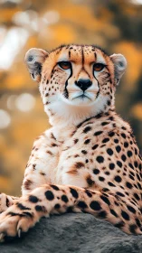Cheetah resting on rock with blurred autumn background.