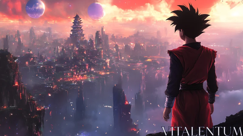 Anime warrior overlooks luminous sci fi city at sunset