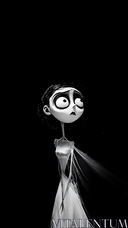 Gothic bride character in stark monochrome spotlighted darkness.