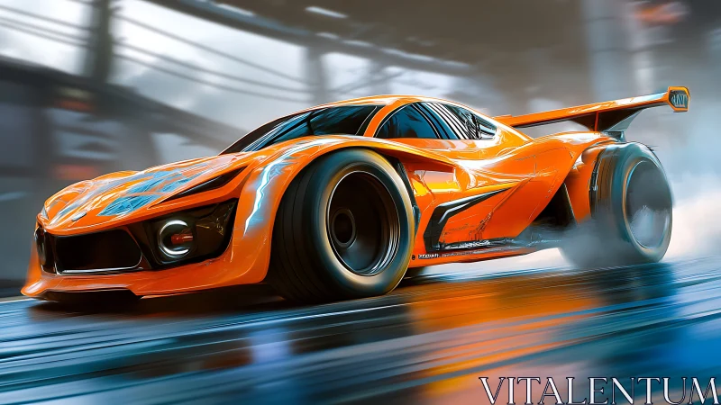 Orange concept hypercar moves along wet reflective track