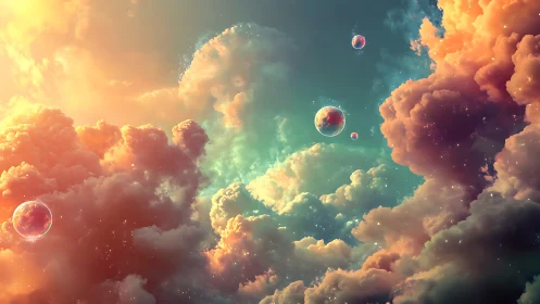 Radiant nebula sky surrounds suspended glowing planets