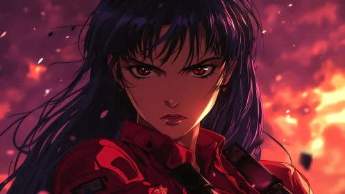 Defiant anime heroine stands amid burning, ember filled chaos