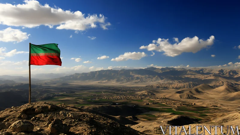 Flag on rocky hilltop above arid valley and distant mountains.