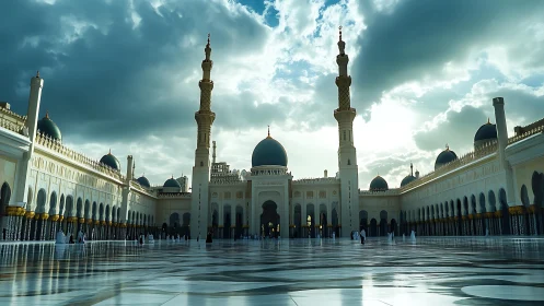Grand mosque courtyard glows beneath dramatic cloudy sky.