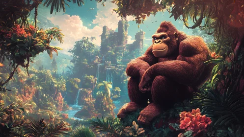 Colossal gorilla surveys luminous jungle waterfalls in repose.