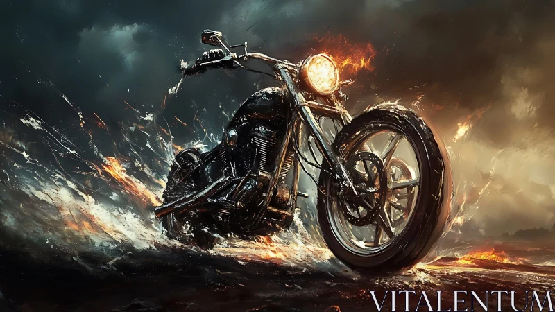 Motorcycle stands amid dynamic fire and water effects in storm