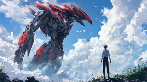 Anime mecha confrontation under expansive cloud-laden sky.