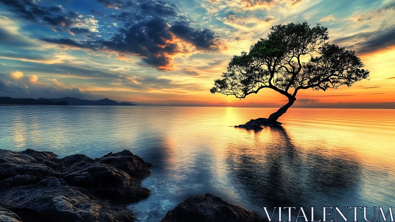 Solitary coastal tree stands in calm reflective seawater at dusk