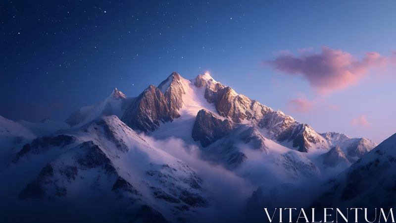 Soft dawn light gently crowns a tranquil snowy mountain range