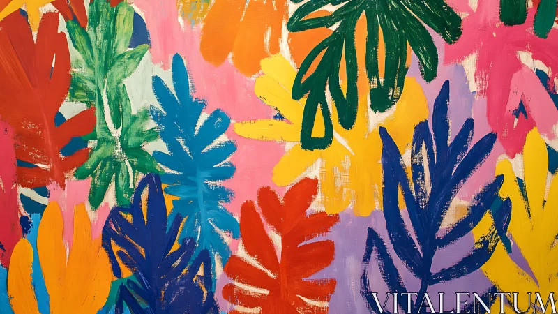 Overlapping flat foliage silhouettes use saturated acrylic color geometry