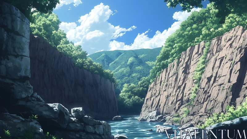 Mountain river canyon unfolds beneath bright summer sky.