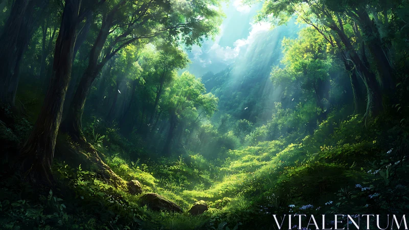 Luminescent Forest Canyon With Atmospheric Light Rays.