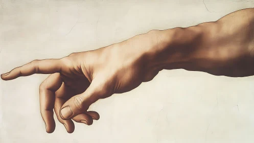 Pointing hand quietly rewrites space across pale silence