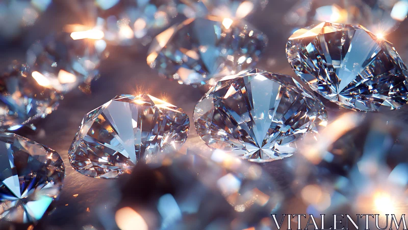 Photorealistic macro array of faceted diamonds on velvet surface.