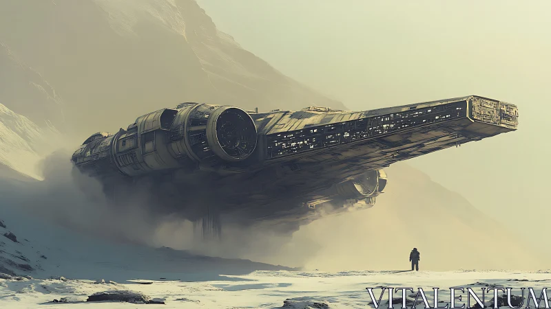 Quiet rendezvous with a starship above a frozen valley.