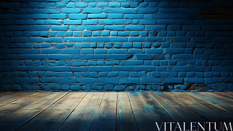 Blue painted brick wall with directional spotlight on wooden floor