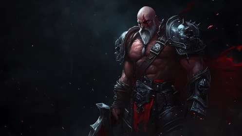 Battle-scarred warlord stands brooding in ember-lit darkness