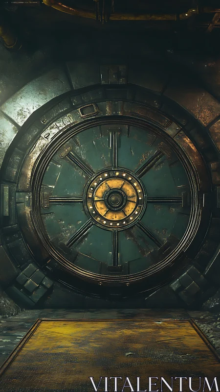 Rusting circular vault door in industrial sci fi bunker.