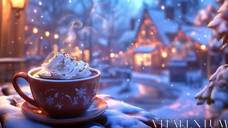 Steaming winter cocoa warms a snowy village evening scene.