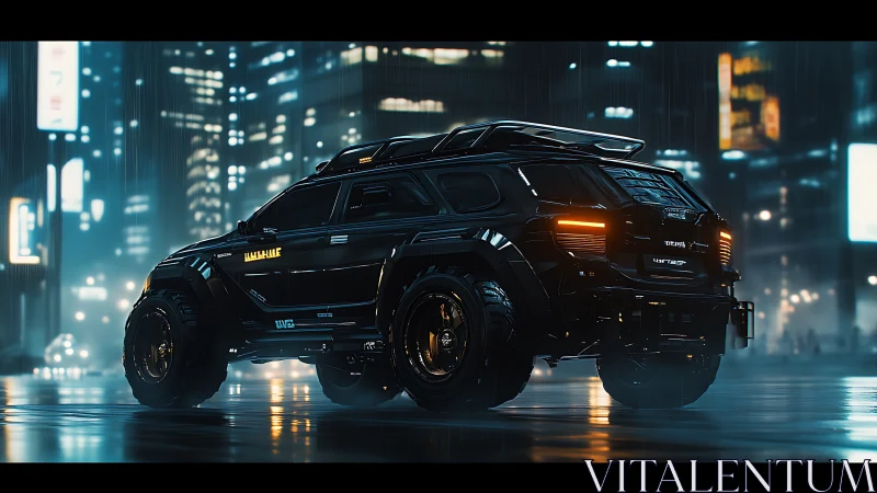 Night-stalking cyber SUV prowls through neon city rain.