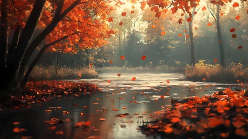 Glowing autumn creek under drifting scarlet leaves at dusk.