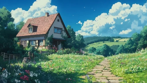 Idyllic rural cottage rendered in high-detail anime landscape
