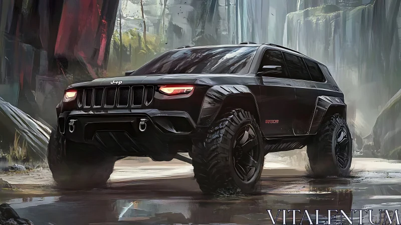 Jeep offroad concept dominates wet canyon trail terrain.