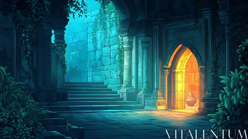 Contrasting cyan and amber lighting define overgrown stone arcade