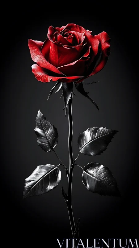 Red rose with monochromatic foliage rendered in high-contrast digital composition