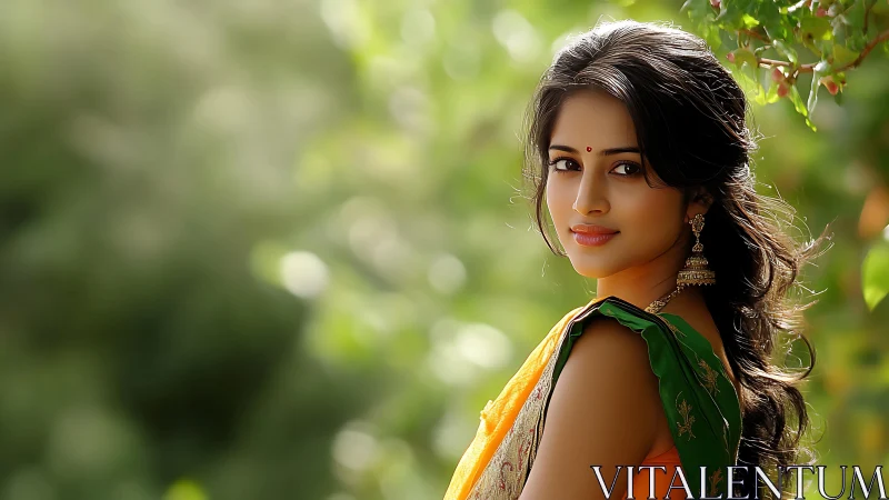 Graceful woman in sari amid glowing green bokeh garden.