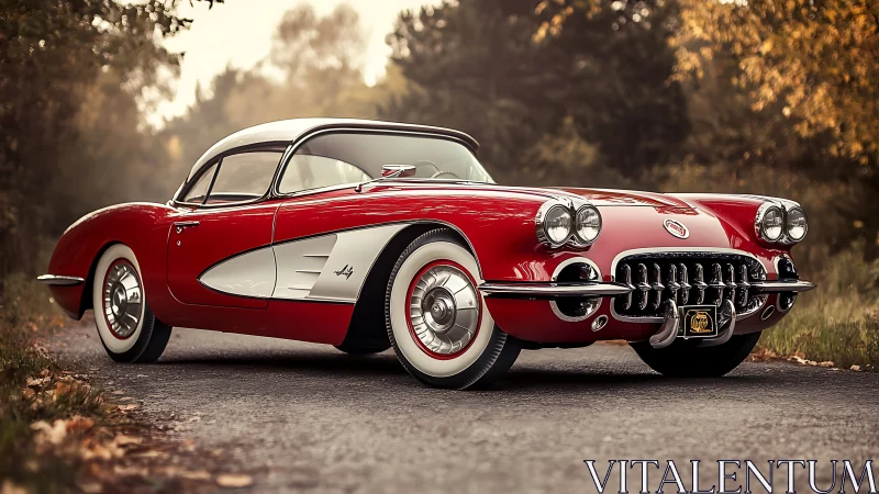 Red two-tone vintage coupe on rural paved roadway.