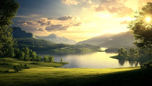 Sunlit lake valley with mountains, trees, and calm water.