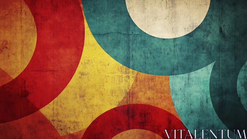 Colorful circles curve across a warmly weathered abstract wall