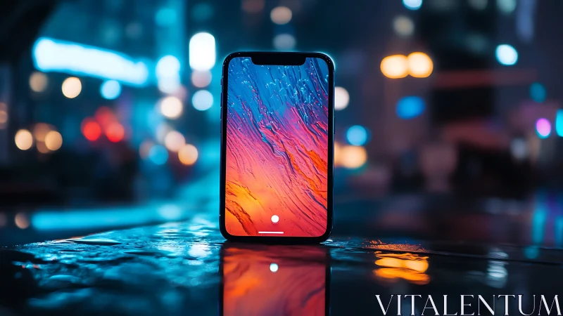 Neon city smartphone with vivid abstract screen glow.