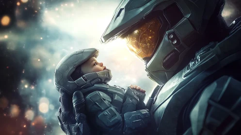 Spartan soldier confronts armored giant in sci-fi realm.