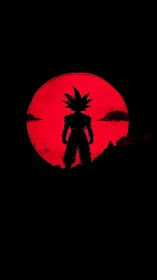 Silhouetted spiky haired figure before large red moon.