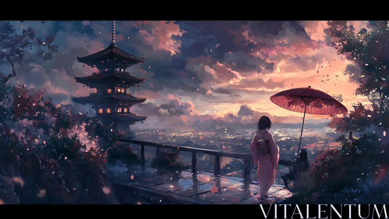 Kimono figure overlooking city near pagoda at dusk.