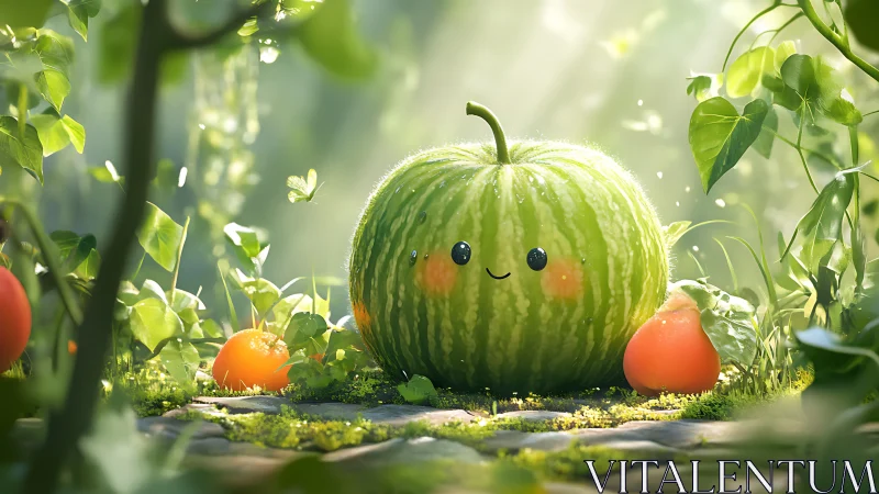 Cute cartoon watermelon character in sunny garden scene.