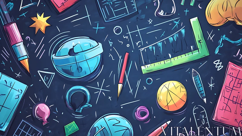 Colorful educational tools and geometric sketches on navy backdrop.